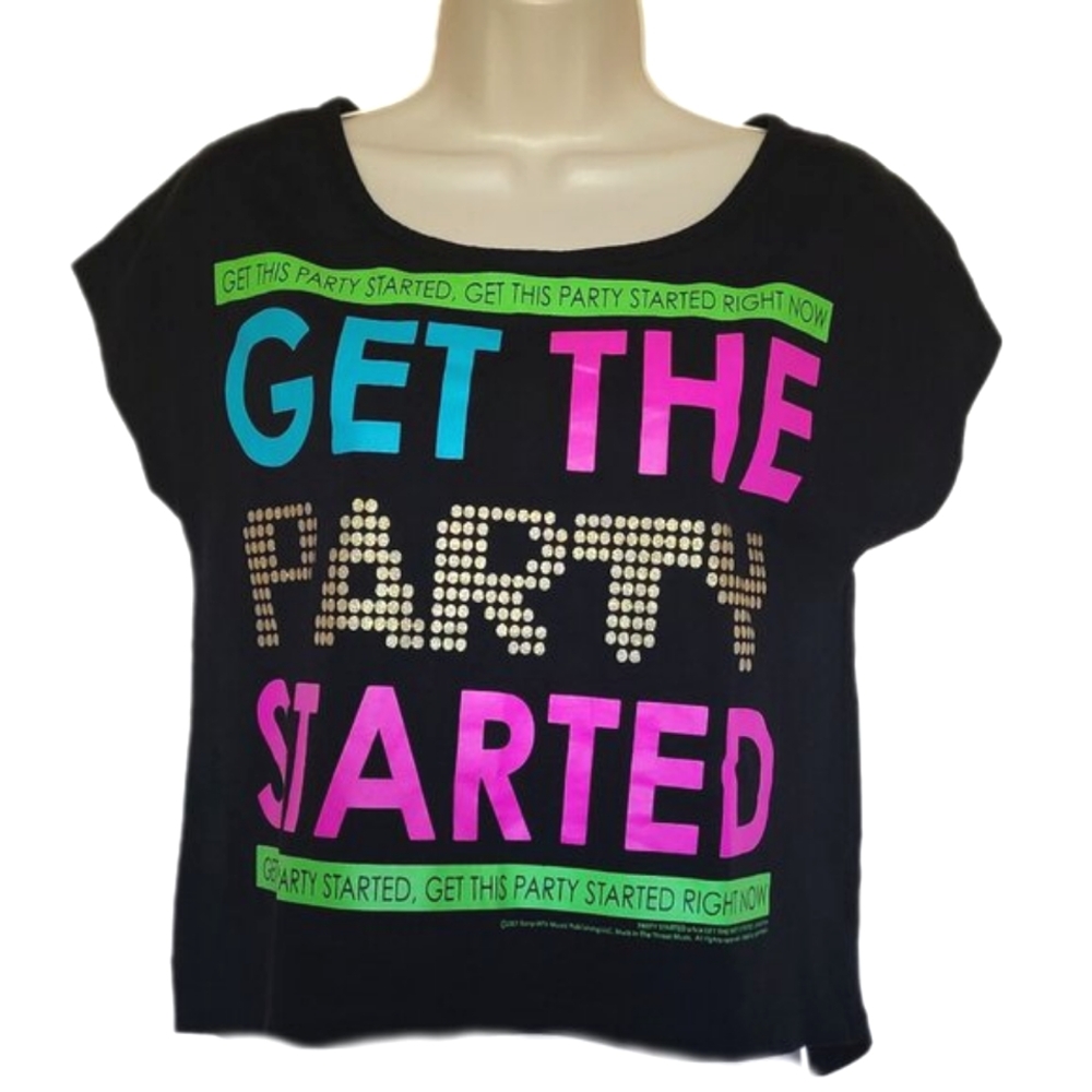Vintage Y2K 2001 Pink Get The Party Started Black Short Sleeve Top T-Shirt S